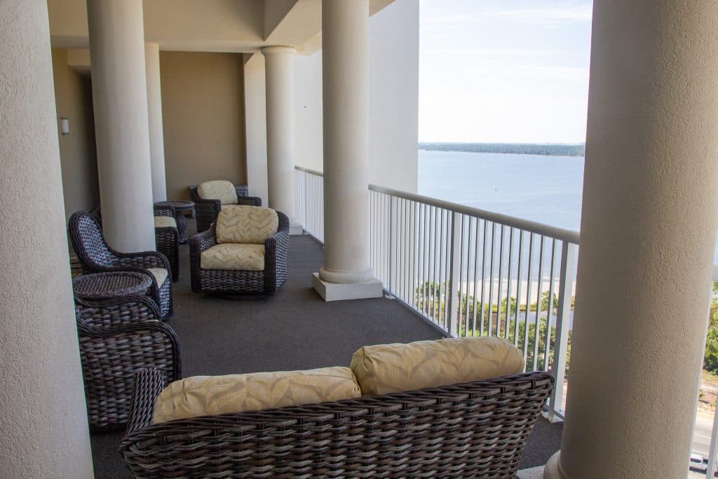 Marina Landing condo balcony overlooking Panama City Beach bay water
